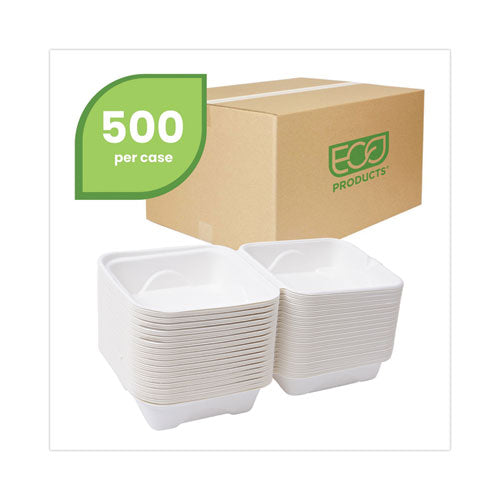 Bagasse Hinged Clamshell Containers, 6 x 6 x 3, White, Sugarcane, 50/Pack, 10 Packs/Carton