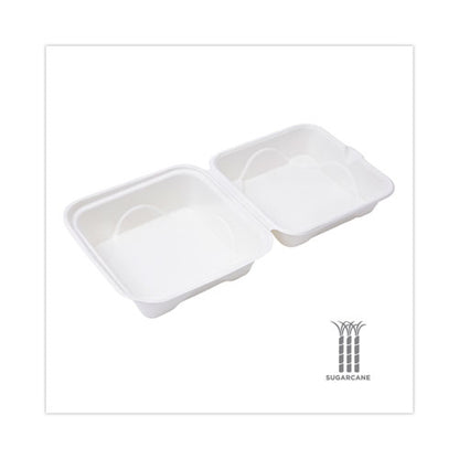 Bagasse Hinged Clamshell Containers, 6 x 6 x 3, White, Sugarcane, 50/Pack, 10 Packs/Carton