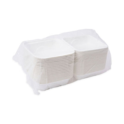 Bagasse Hinged Clamshell Containers, 6 x 6 x 3, White, Sugarcane, 50/Pack, 10 Packs/Carton