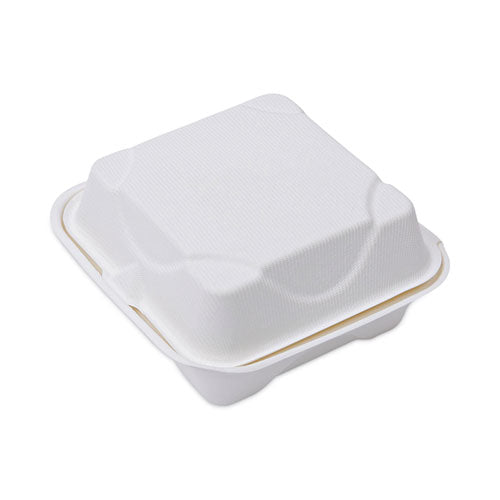 Bagasse Hinged Clamshell Containers, 6 x 6 x 3, White, Sugarcane, 50/Pack, 10 Packs/Carton