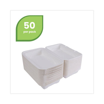 Bagasse Hinged Clamshell Containers, 6 x 6 x 3, White, Sugarcane, 50/Pack, 10 Packs/Carton