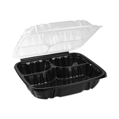 EarthChoice Vented Dual Color Microwavable Hinged Lid Container, 3-Comp Base/Lid, 34 oz, 10.5x9.5x3, Blk/Clr, Plastic, 132/CT