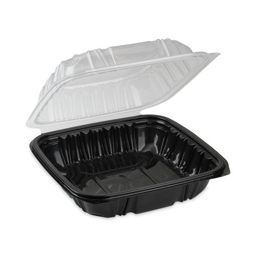 EarthChoice Vented Dual Color Microwavable Hinged Lid Container, 1-Compartment, 28oz, 7.5x7.5x3, Black/Clear, Plastic, 150/CT