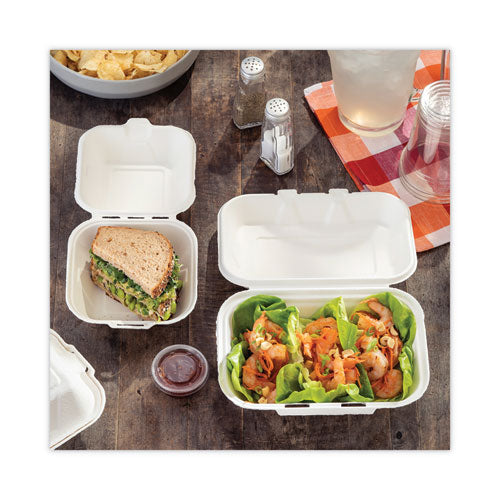 EarthChoice Bagasse Hinged Lid Container, Single Tab Lock, 6" Sandwich, 5.8 x 5.8 x 3.3, Natural, Sugarcane, 500/Carton