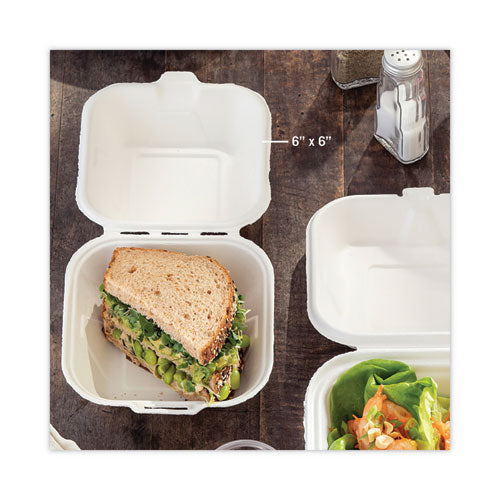 EarthChoice Bagasse Hinged Lid Container, Single Tab Lock, 6" Sandwich, 5.8 x 5.8 x 3.3, Natural, Sugarcane, 500/Carton