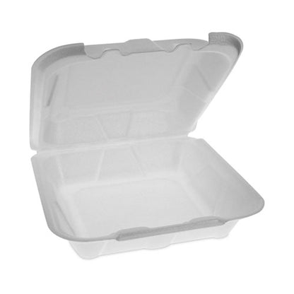 Vented Foam Hinged Lid Container, Dual Tab Lock Economy, 8.42 x 8.15 x 3, White, 150/Carton