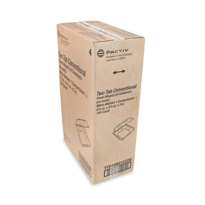 Vented Foam Hinged Lid Container, Dual Tab Lock Economy, 8.42 x 8.15 x 3, White, 150/Carton