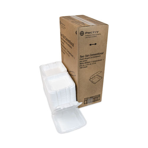 Vented Foam Hinged Lid Container, Dual Tab Lock Economy, 8.42 x 8.15 x 3, White, 150/Carton