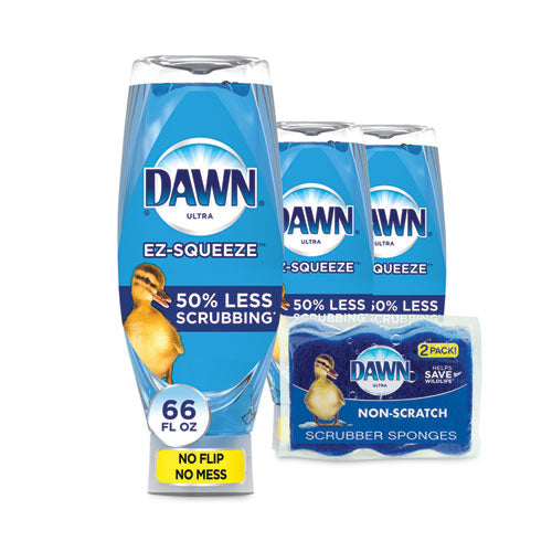 Ultra Liquid Dish Detergent, Dawn Original, Three 22 oz E-Z Squeeze Bottles and 2 Sponges/Pack, 6 Packs/Carton