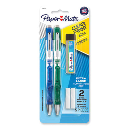 Clear Point Elite Mechanical Pencils, 0.7 mm, HB (#2), Black Lead, Blue and Green Barrels, 2/Pack