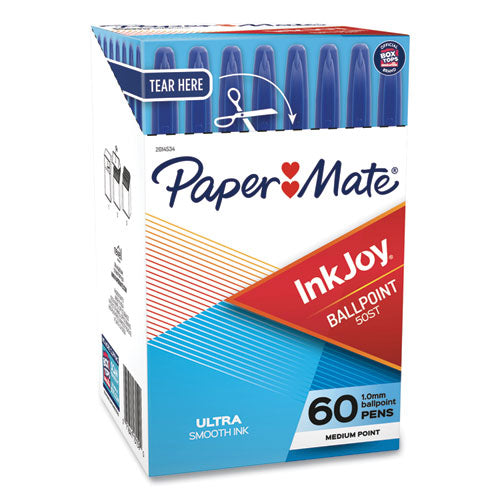 InkJoy 50ST Ballpoint Pen, Stick, Medium 1 mm, Blue Ink, White/Blue Barrel, 60/Pack