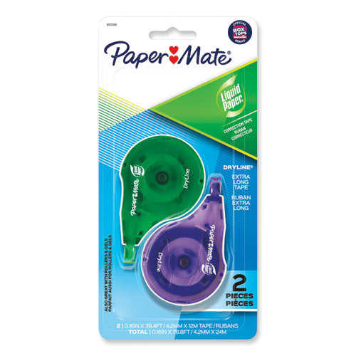 DryLine Correction Tape, Non-Refillable, Green/Purple Applicators, 0.17" x 472", 2/Pack