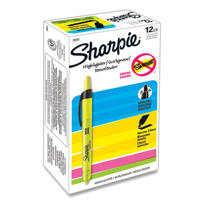 Retractable Highlighters, Fluorescent Yellow Ink, Chisel Tip, Yellow/Black Barrel, Dozen