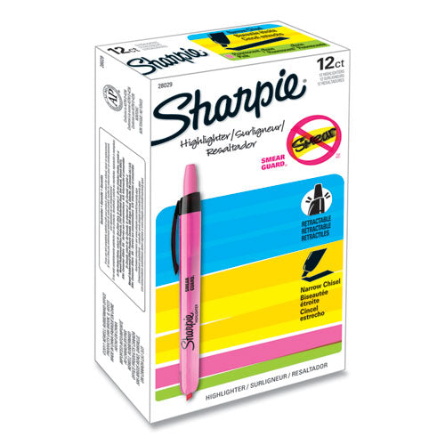 Retractable Highlighters, Fluorescent Pink Ink, Chisel Tip, Pink/Black Barrel, Dozen