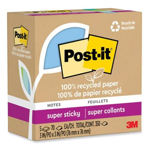 100% Recycled Paper Super Sticky Notes, 3" x 3", Oasis, 70 Sheets/Pad, 5 Pads/Pack