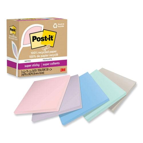 100% Recycled Paper Super Sticky Notes, 3" x 3", Wanderlust Pastels, 70 Sheets/Pad, 5 Pads/Pack