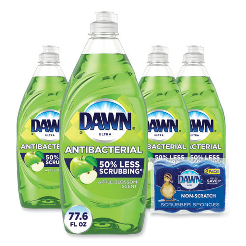 Ultra Antibacterial Dishwashing Liquid, Apple Blossom Scent, (4) 19.4 oz Squeeze Bottles Plus (2) Sponges/Carton