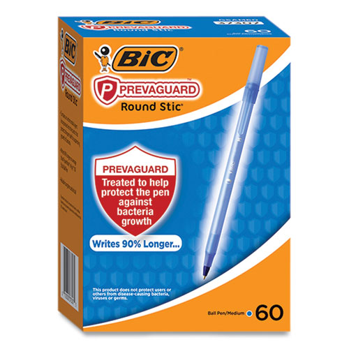 PrevaGuard Round Stic Pen, Stick, Medium 1 mm, Blue Ink, Translucent Blue Barrel, 60/Pack