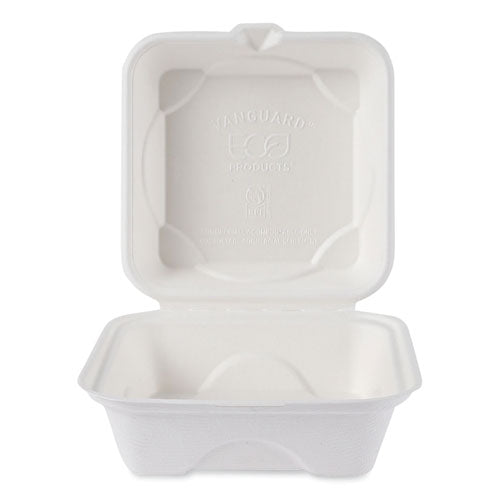 Vanguard Renewable and Compostable Sugarcane Clamshells, 6 x 6 x 3, White, 500/Carton