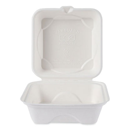 Vanguard Renewable and Compostable Sugarcane Clamshells, 6 x 6 x 3, White, 500/Carton