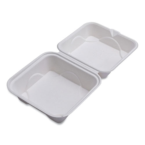 Vanguard Renewable and Compostable Sugarcane Clamshells, 6 x 6 x 3, White, 500/Carton