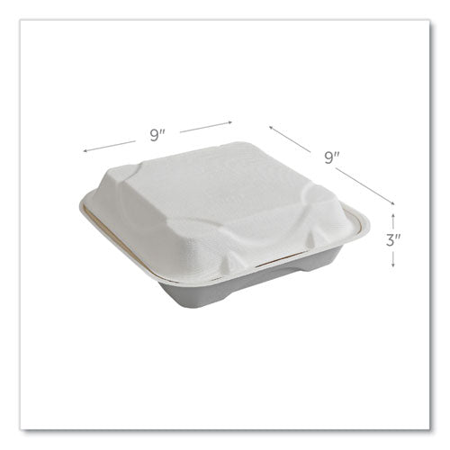 Vanguard Renewable and Compostable Sugarcane Clamshells, 1-Compartment, 9 x 9 x 3, White, 200/Carton