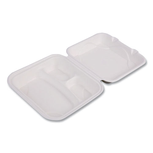 Vanguard Renewable and Compostable Sugarcane Clamshells, 3-Compartment, 9 x 9 x 3, White, 200/Carton