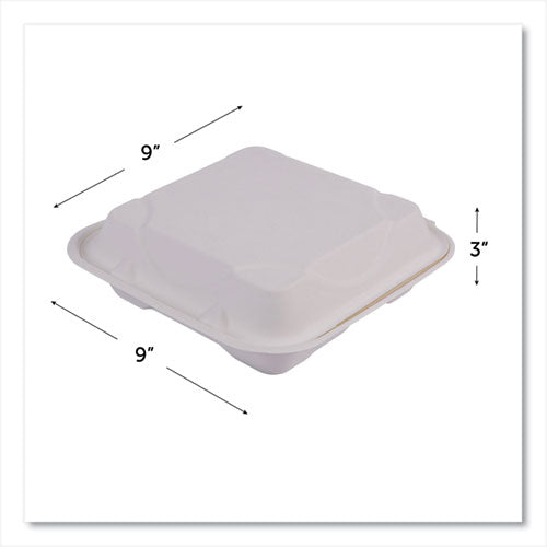 Vanguard Renewable and Compostable Sugarcane Clamshells, 3-Compartment, 9 x 9 x 3, White, 200/Carton