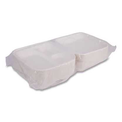 Vanguard Renewable and Compostable Sugarcane Clamshells, 3-Compartment, 9 x 9 x 3, White, 200/Carton