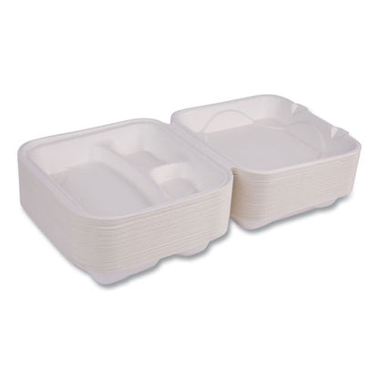 Vanguard Renewable and Compostable Sugarcane Clamshells, 3-Compartment, 9 x 9 x 3, White, 200/Carton