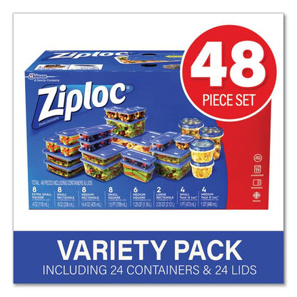 Ziploc 48-piece Plastic Containers with Lids Variety Pack, Assorted Sizes, Clear Base/Blue Lid