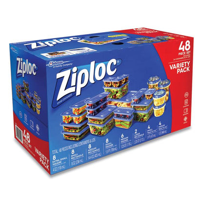 Ziploc 48-piece Plastic Containers with Lids Variety Pack, Assorted Sizes, Clear Base/Blue Lid