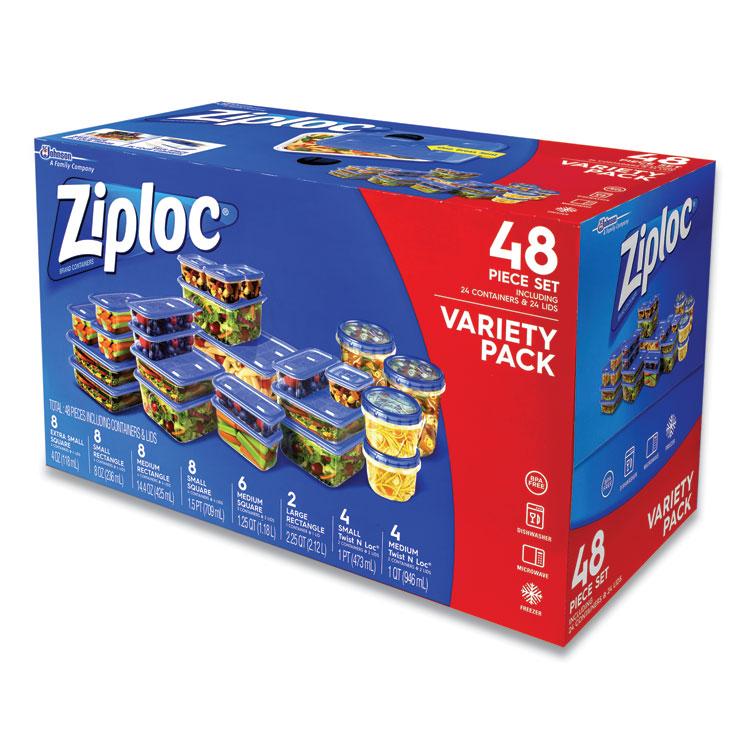 Ziploc 48-piece Plastic Containers with Lids Variety Pack, Assorted Sizes, Clear Base/Blue Lid