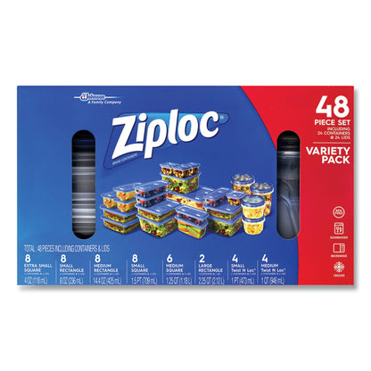 Ziploc 48-piece Plastic Containers with Lids Variety Pack, Assorted Sizes, Clear Base/Blue Lid
