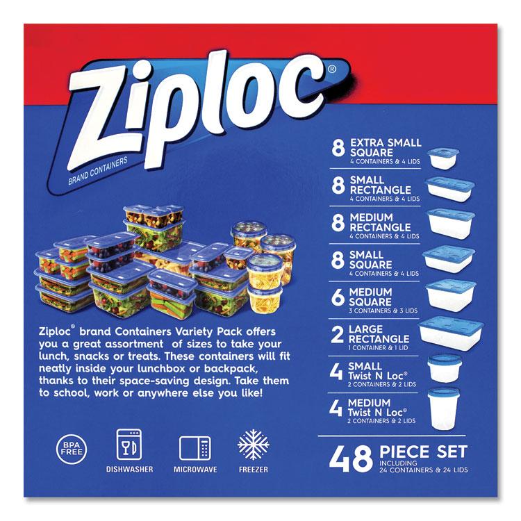 Ziploc 48-piece Plastic Containers with Lids Variety Pack, Assorted Sizes, Clear Base/Blue Lid