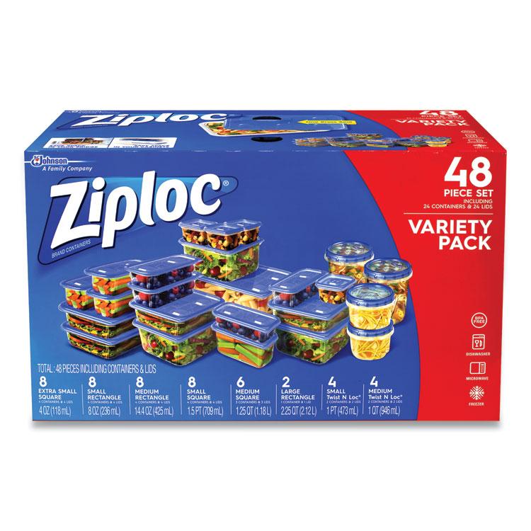 Ziploc 48-piece Plastic Containers with Lids Variety Pack, Assorted Sizes, Clear Base/Blue Lid