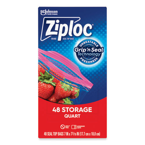 Double Zipper Storage Bags, 1 qt, 1.75 mil, 9.63" x 8.5", Clear, 48/Box